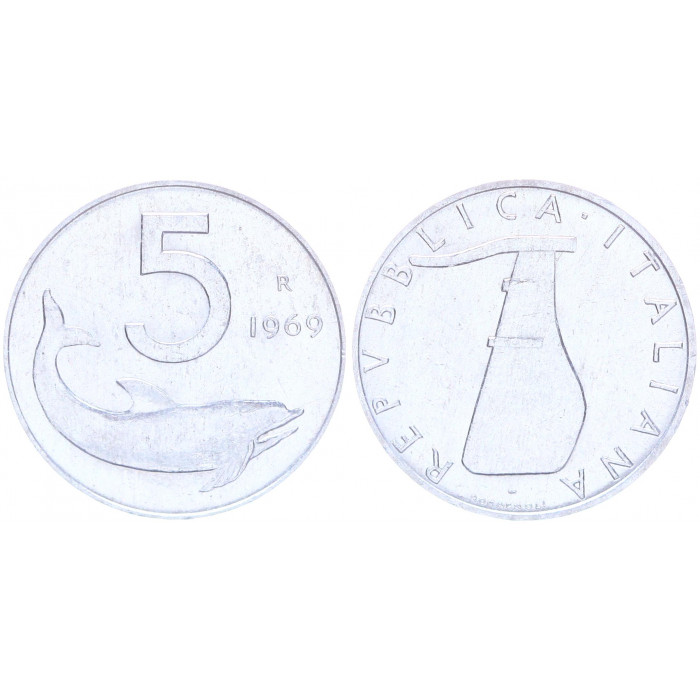 Италия 5 Лир 1969 R год KM# 92 Дельфин (BOX2103)