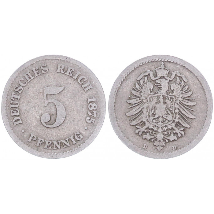 Германия 5 Пфеннигов 1875 D год KM# 3 Мюнхен Германская империя (BOX2330)