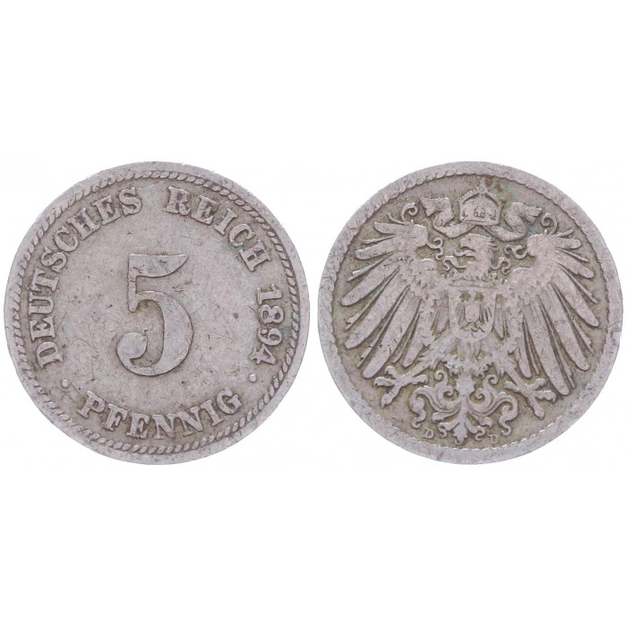 Германия 5 Пфеннигов 1894 D год KM# 11 Мюнхен Германская империя (BOX2354)