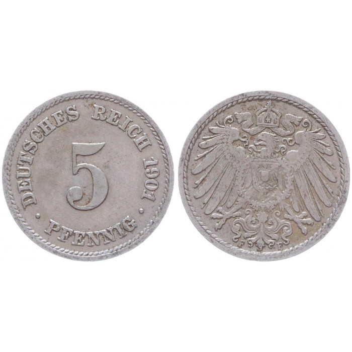 Германия 5 Пфеннигов 1901 F год KM# 11 Штутгарт Германская империя (BOX2372)