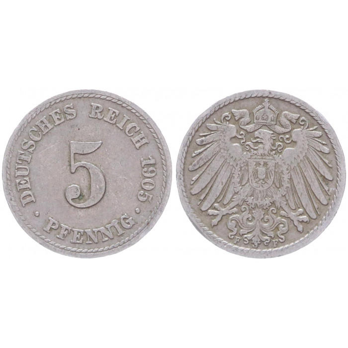 Германия 5 Пфеннигов 1905 F год KM# 11 Штутгарт Германская империя (BOX2384)