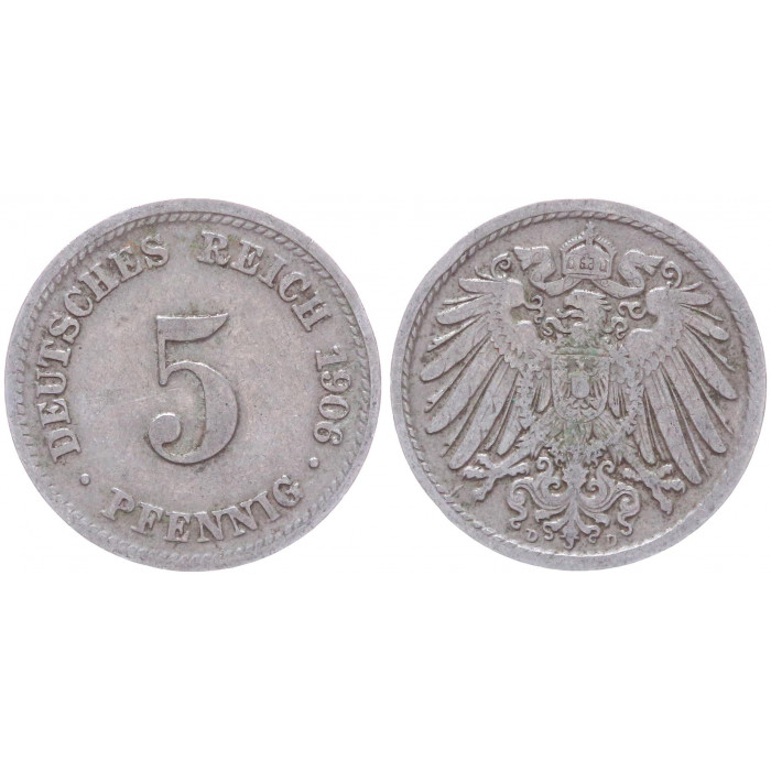 Германия 5 Пфеннигов 1906 D год KM# 11 Мюнхен Германская империя (BOX2387)