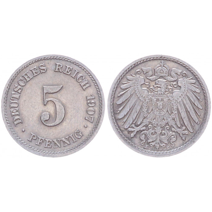 Германия 5 Пфеннигов 1907 E год KM# 11 Мюльденхуттен Германская империя (BOX2394)