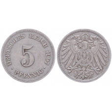 Германия 5 Пфеннигов 1907 F год KM# 11 Штутгарт Германская империя (BOX2395)