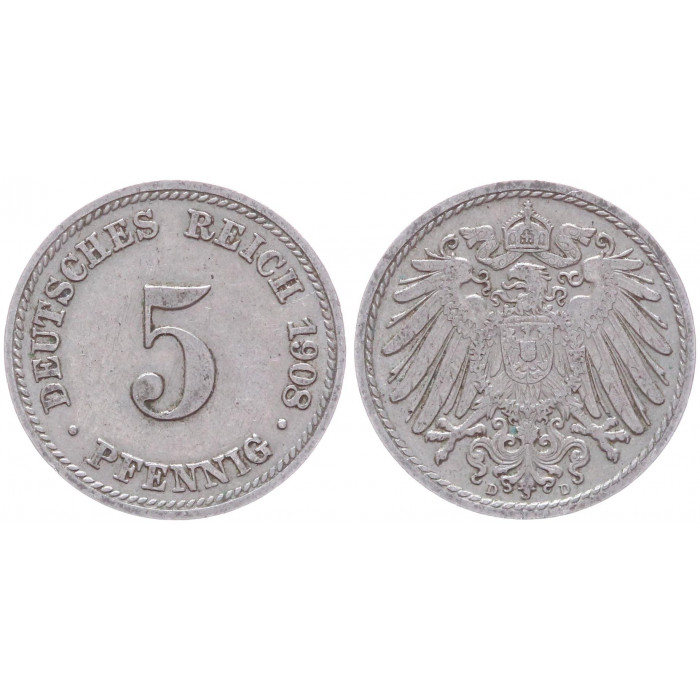 Германия 5 Пфеннигов 1908 D год KM# 11 Мюнхен Германская империя (BOX2399)