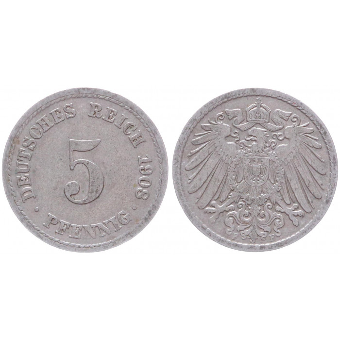 Германия 5 Пфеннигов 1908 F год KM# 11 Штутгарт Германская империя (BOX2401)