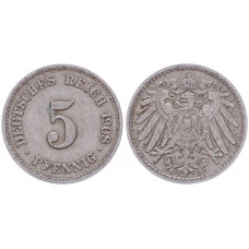 Германия 5 Пфеннигов 1908 G год KM# 11 Карлсруэ Германская империя (BOX2402)