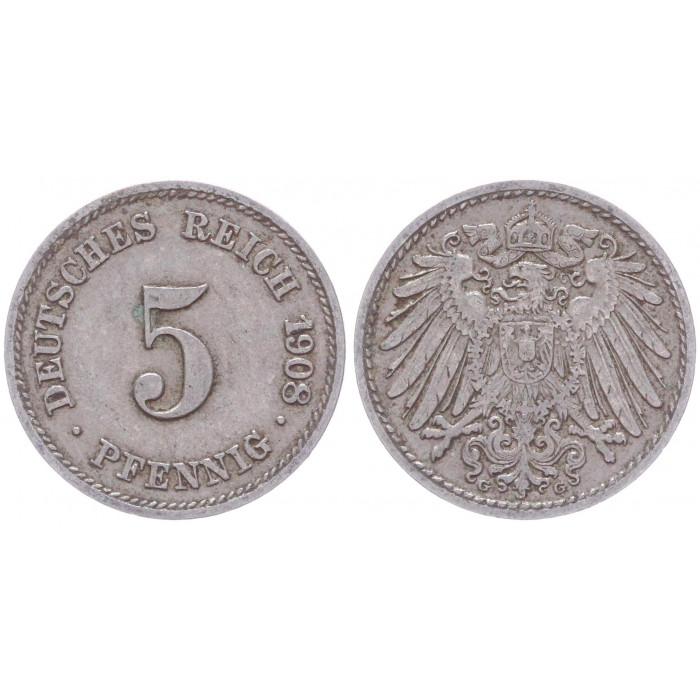 Германия 5 Пфеннигов 1908 G год KM# 11 Карлсруэ Германская империя (BOX2402)