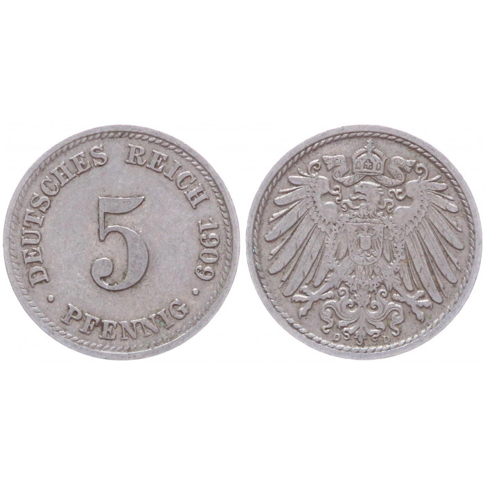 Германия 5 Пфеннигов 1909 D год KM# 11 Мюнхен Германская империя (BOX2405)