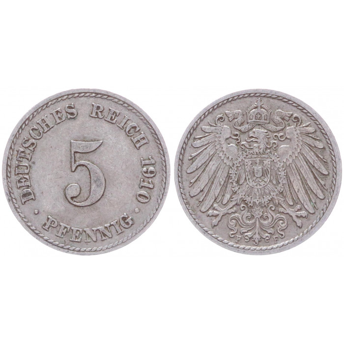 Германия 5 Пфеннигов 1910 F год KM# 11 Штутгарт Германская империя (BOX2408)
