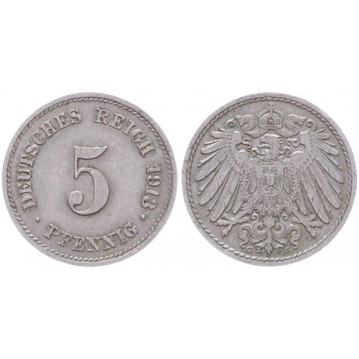 Германия 5 Пфеннигов 1913 G год KM# 11 Карлсруэ Германская империя (BOX2425)