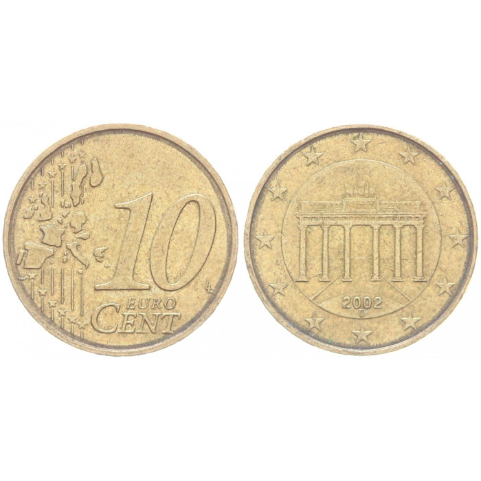 Германия ФРГ 10 Евроцентов 2002 D год KM# 210 Бранденбургские ворота