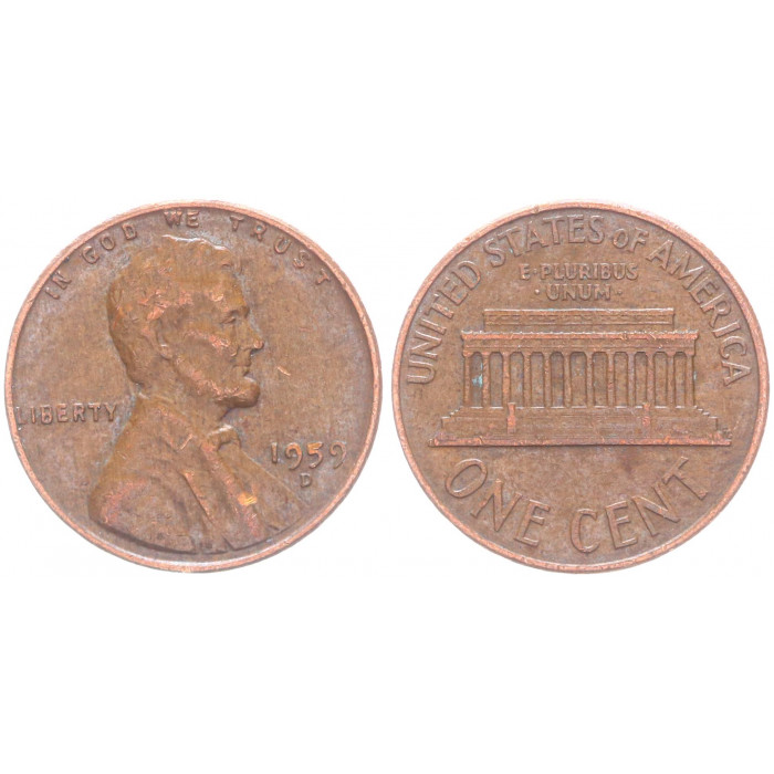 США 1 Цент 1959 D год КМ# 201 Денвер Линкольн