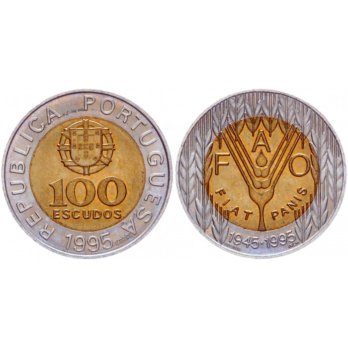Португалия 100 Эскудо 1995 год UNC KM# 678 50-летие FAO Биметалл