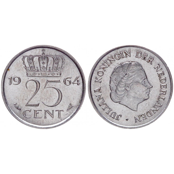 Нидерланды 25 Центов 1964 год KM# 183 5-я Королева Юлиана