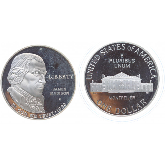 США 1 Доллар 1993 S год Серебро Proof KM# 241 Монпелье Джеймса Мэдисона - Билль о правах 