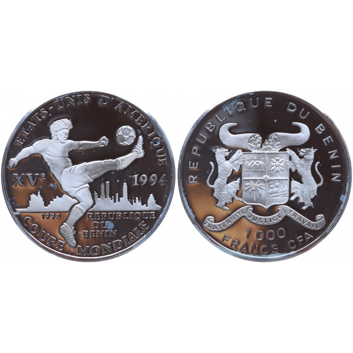 Бенин 1000 Франков 1992 год Серебро Proof KM# 5 XV Чемпионат мира по футболу 1994 в США 