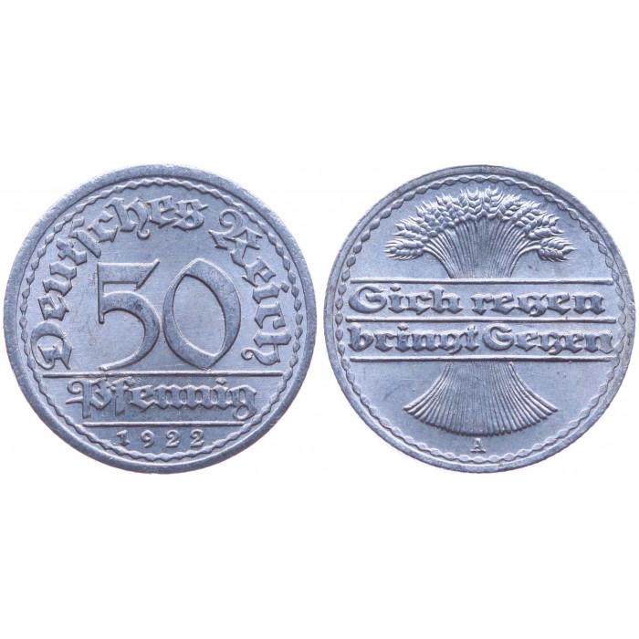 Германия 50 Пфеннигов 1922 A год XF+ KM# 27 Веймарская Республика