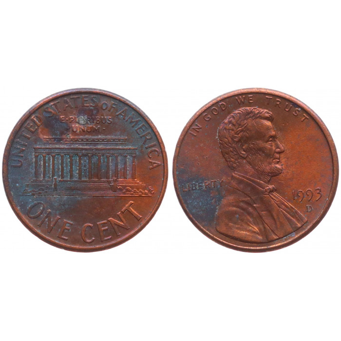 США 1 Цент 1993 D год XF KM# 201b Линкольн