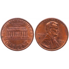 США 1 Цент 1994 год XF KM# 201b Линкольн Без обозначения монетного двора