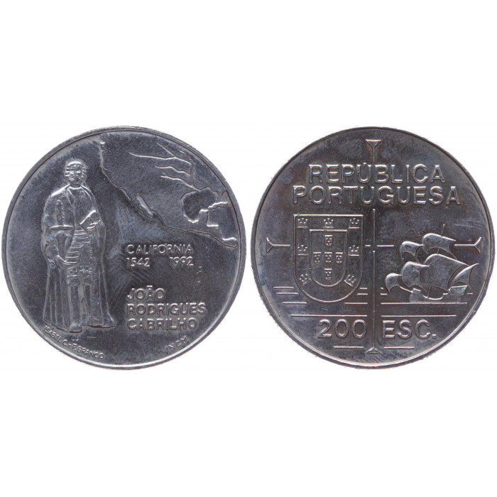 Португалия 200 Эскудо 1992 год UNC KM# 661 Хуан Родригес Кабрильо 450 лет открытию Калифорнии