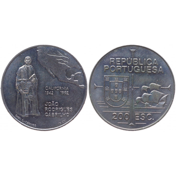 Португалия 200 Эскудо 1992 год UNC KM# 661 Хуан Родригес Кабрильо 450 лет открытию Калифорнии