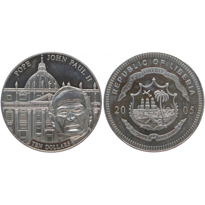 Либерия 10 Долларов 2005 год Proof KM# 738 Смерть Иоанна Павла II