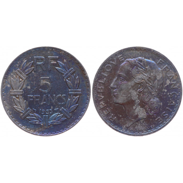 Франция 5 Франков 1933 год UNC KM# 888 Патина