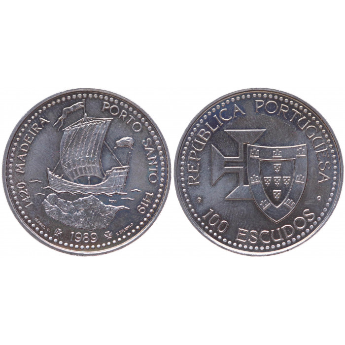 Португалия 100 Эскудо 1989 год UNC KM# 647 Открытие Мадейры и Порто-Санто Золотой век открытий