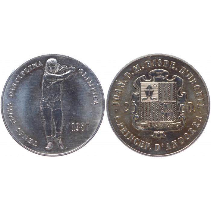 Андорра 2 Динера 1987 год UNC KM# 40 Теннис XXIV Летние Олимпийские игры 1988 в Сеуле Тираж 20000 штук