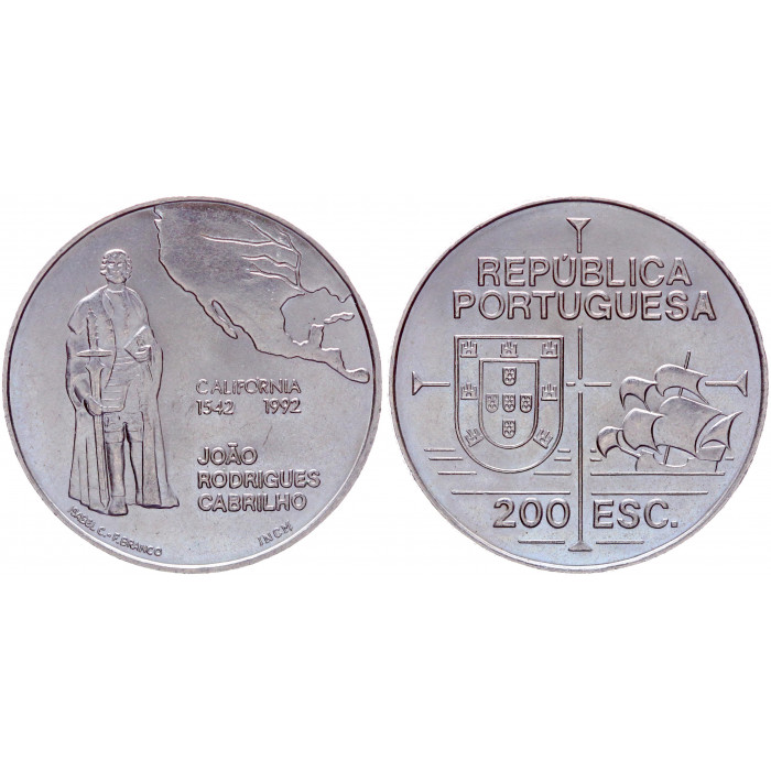 Португалия 200 Эскудо 1992 год UNC KM# 661 450 лет открытию Калифорнии Хуан Родригес Кабрильо