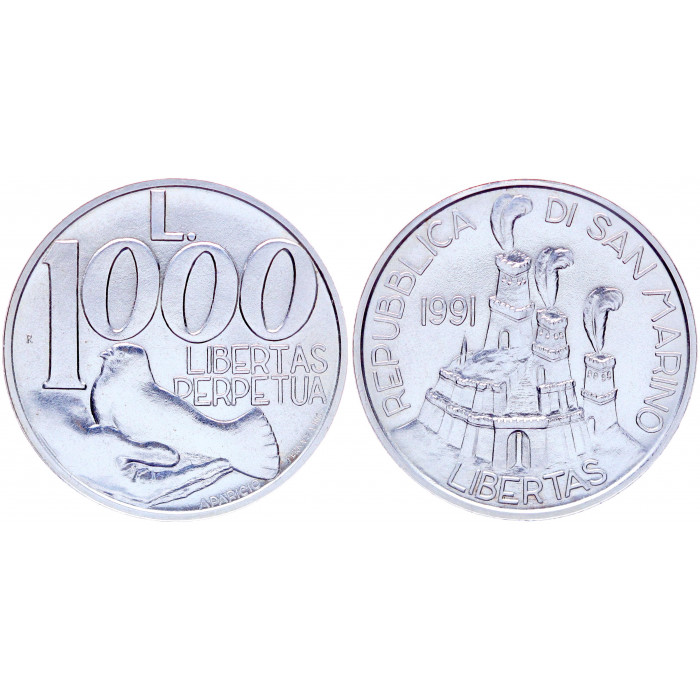 Сан-Марино 1000 Лир 1991 год Серебро UNC KM# 270 Голубь Вечная Свобода