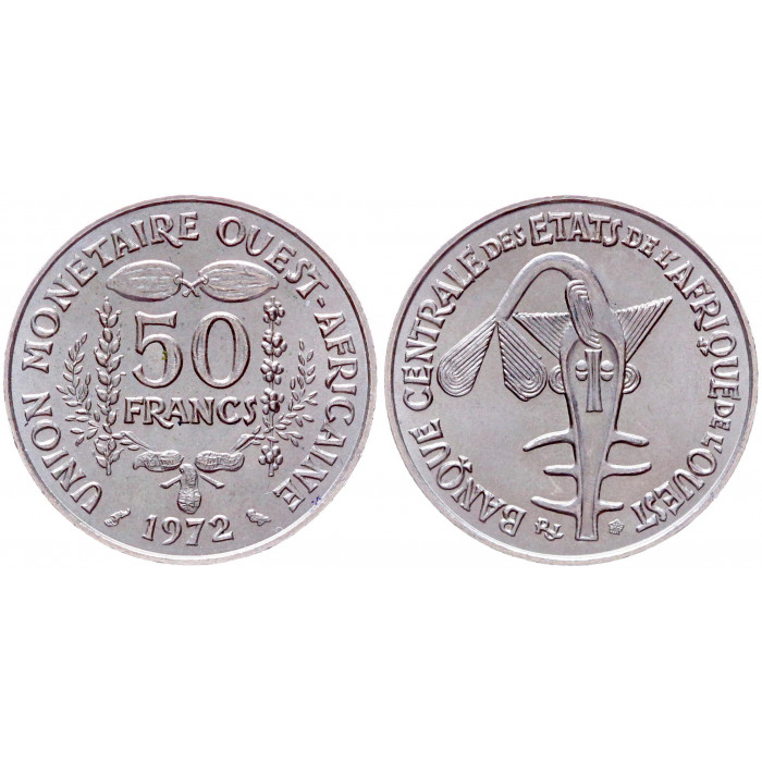 Западно-Африканские Государства 50 Франков 1972 год UNC KM# 6 FAO Фигурка для взвешивания золота Таку-Ашанти