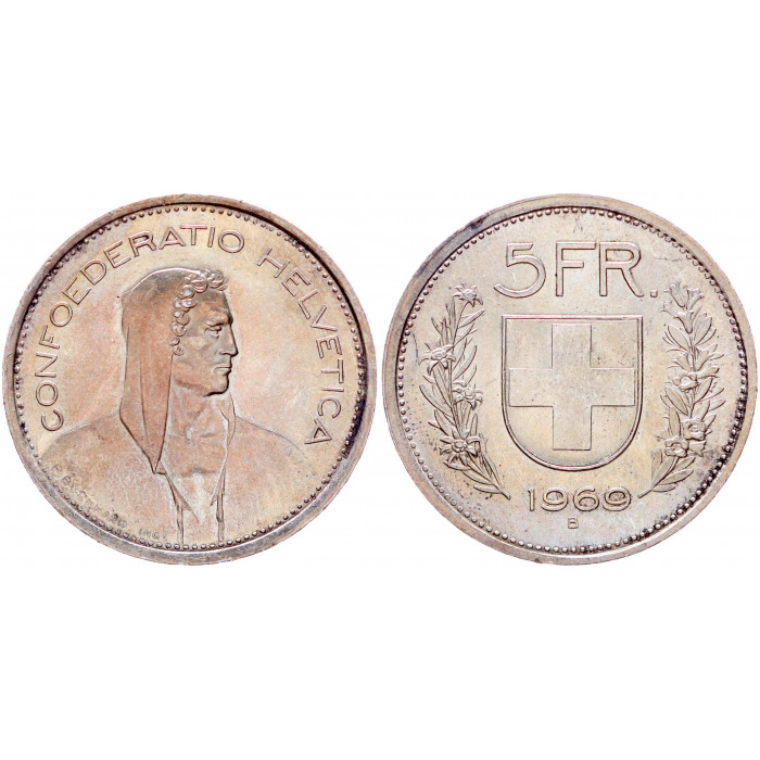 Швейцария 5 Франков 1969 B год Серебро UNC KM# 40 