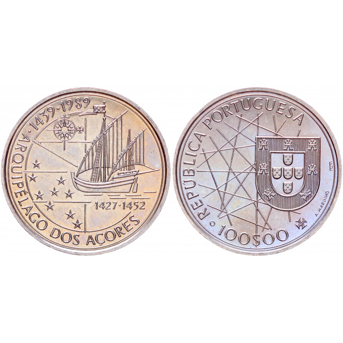 Португалия 100 Эскудо 1989 год UNC KM# 648 Открытие Азорских островов Золотой век открытий