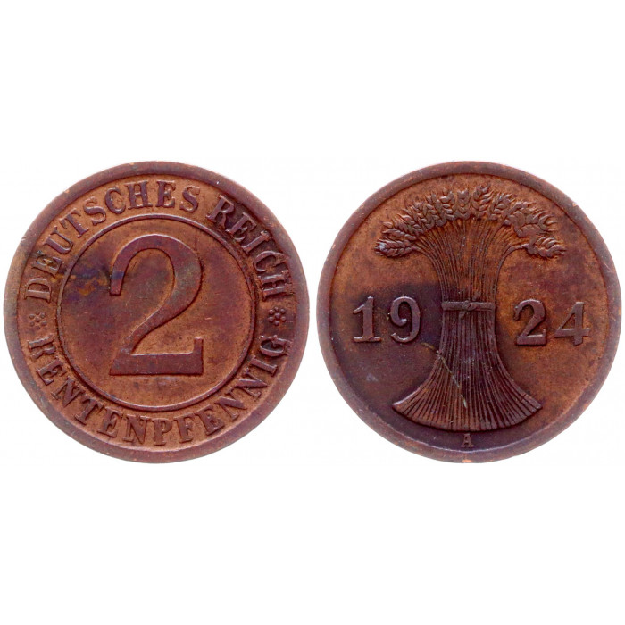 Германия 2 Рентенпфеннига 1924 A год XF KM# 31 Веймарская республика
