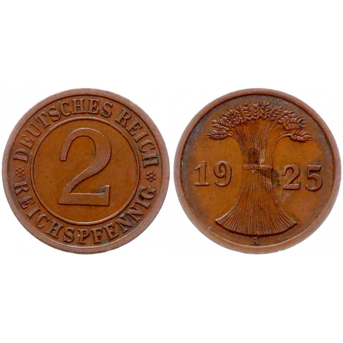 Германия 2 Рейхспфеннига 1925 A год XF KM# 38 Веймарская республика