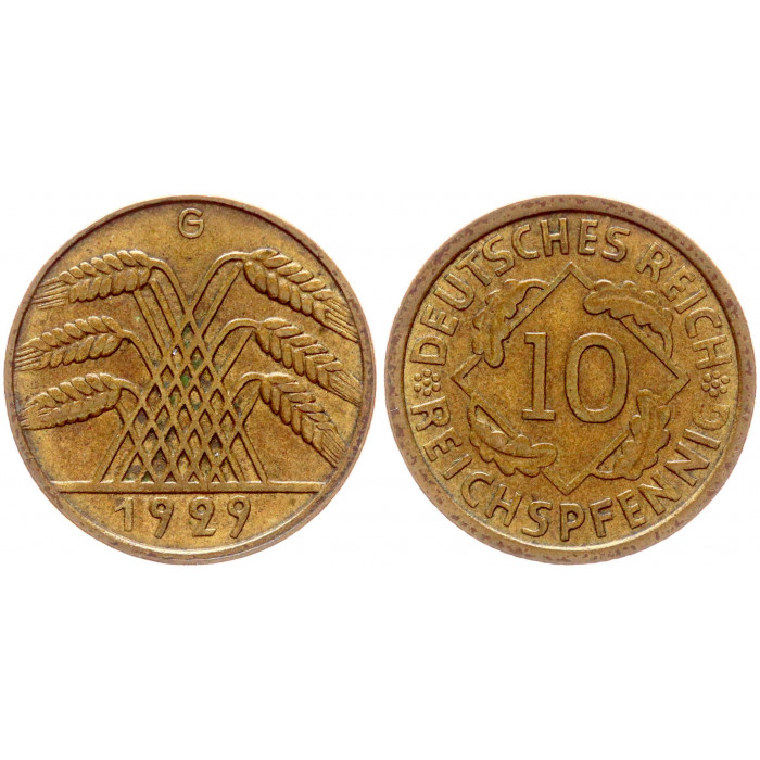 Германия 10 Рейхспфеннигов 1929 G год XF KM# 40 Веймарская Республика