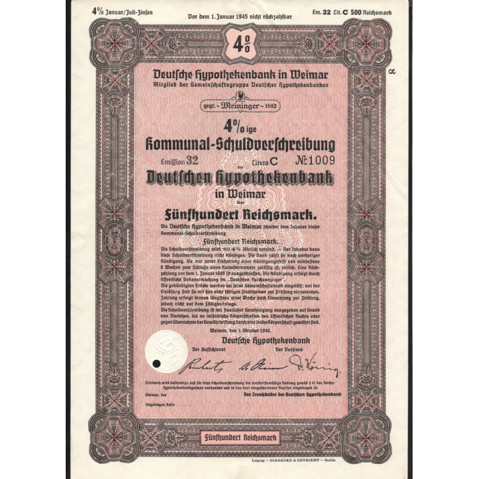 Германия Облигация 4% на 500 Рейхсмарок Веймар 1 октября 1940 Серия 32 C № 1009 С конгревом XF+