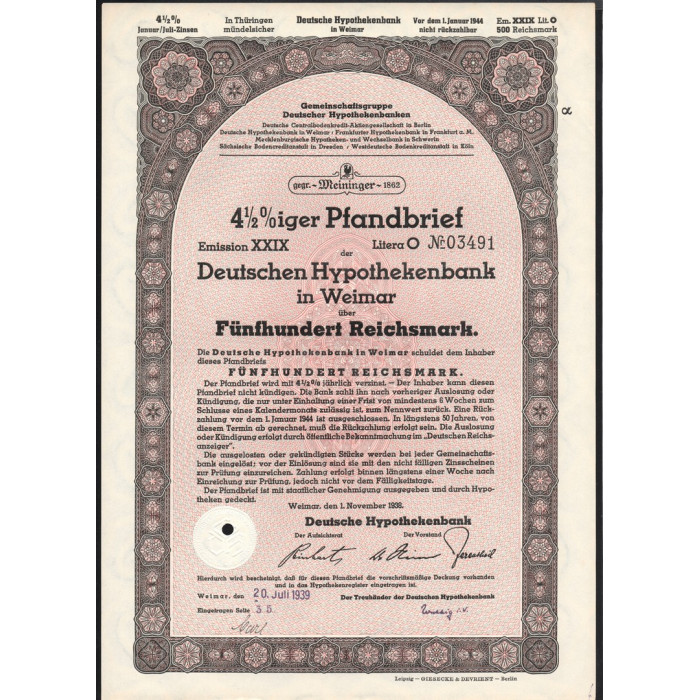 Германия Облигация 4-1/2% на 500 Рейхсмарок Веймар 1 ноября 1938 Серия XXX O № 03491 С конгревом XF+