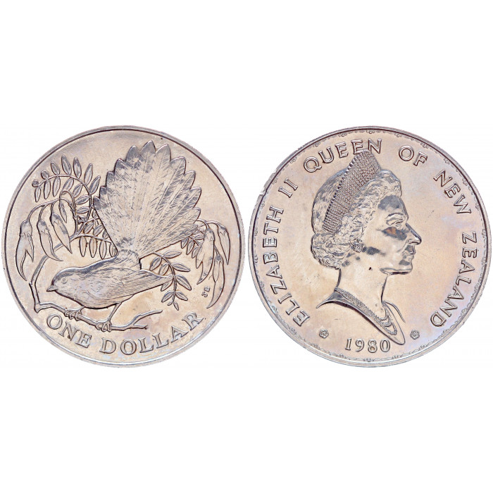 Новая Зеландия 1 Доллар 1980 год UNC KM# 49 Птица Веерохвостка Елизавета II