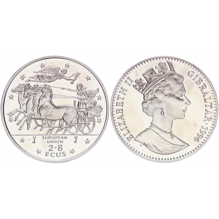 Гибралтар 2,8 Экю 1994 год Proof KM# 489 Европейский союз Колесница Богиня победы Ника Елизавета II