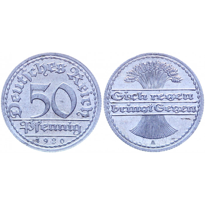 Германия 50 Пфеннигов 1920 A год XF KM# 27 Веймарская Республика (BOX1208)