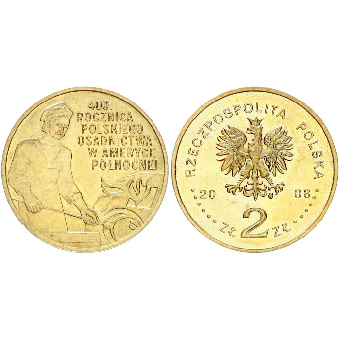Польша 2 Злотых 2008 год UNC Y# 659 400-летие польскому поселению в Северной Америке