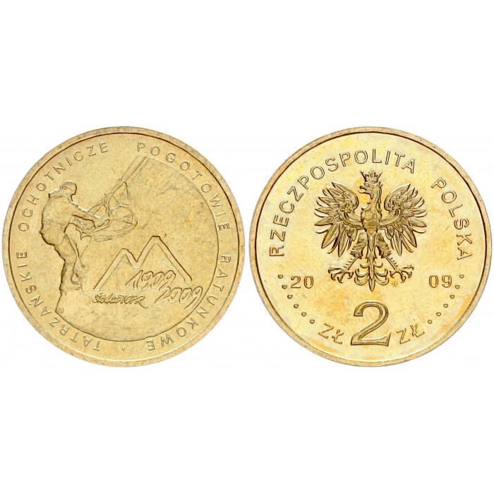 Польша 2 Злотых 2009 год UNC Y# 697 100 лет поисково-спасательной службы в Татрах