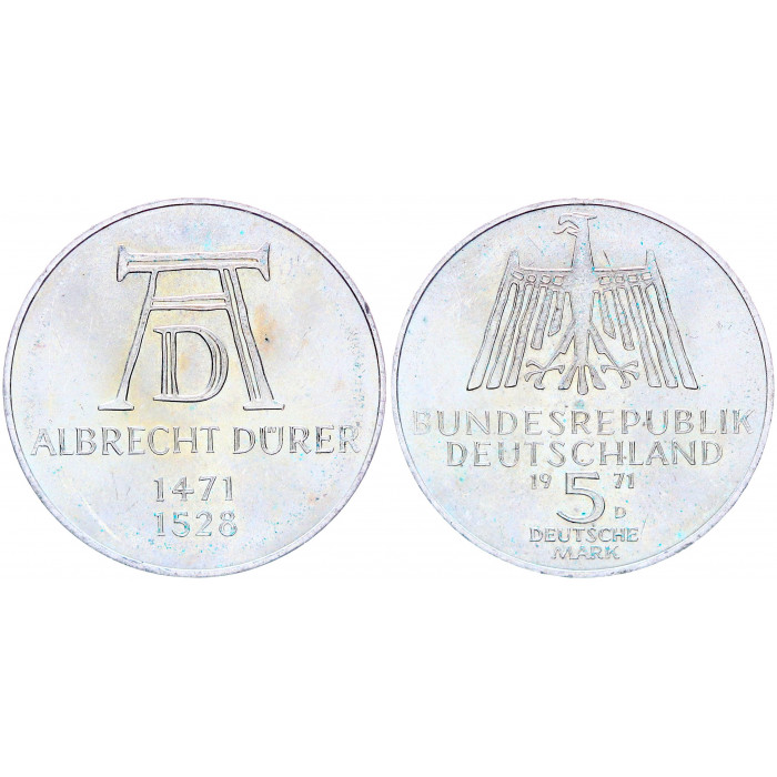 Германия ФРГ 5 Марок 1971 D год Серебро UNC KM# 129 500-летие со дня рождения художника Альбрехта Дюрера Патина