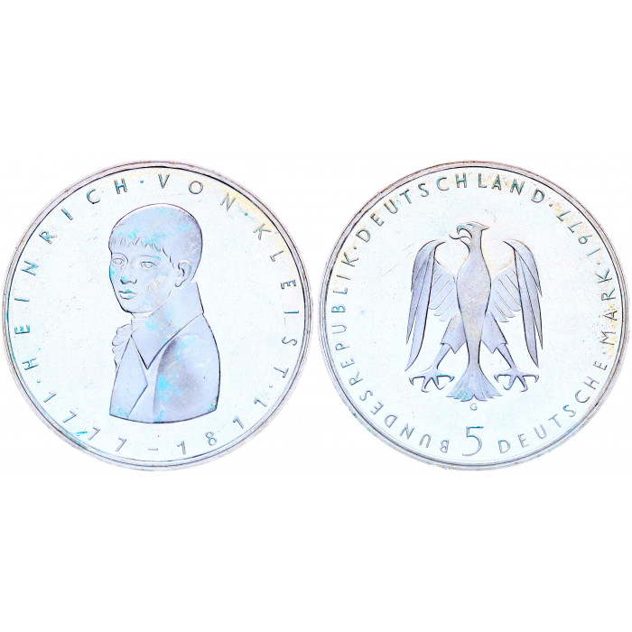 Германия ФРГ 5 Марок 1977 G год Серебро Proof KM# 146 200-летие со дня рождения писателя Генриха фон Клейста