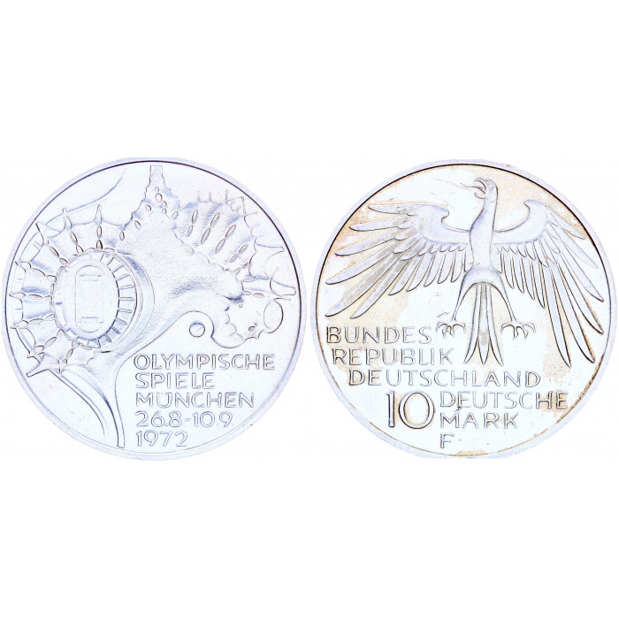 Германия ФРГ 10 Марок 1972 F год Серебро UNC KM# 133 Стадион XX Летние Олимпийские игры 1972 года в Мюнхене