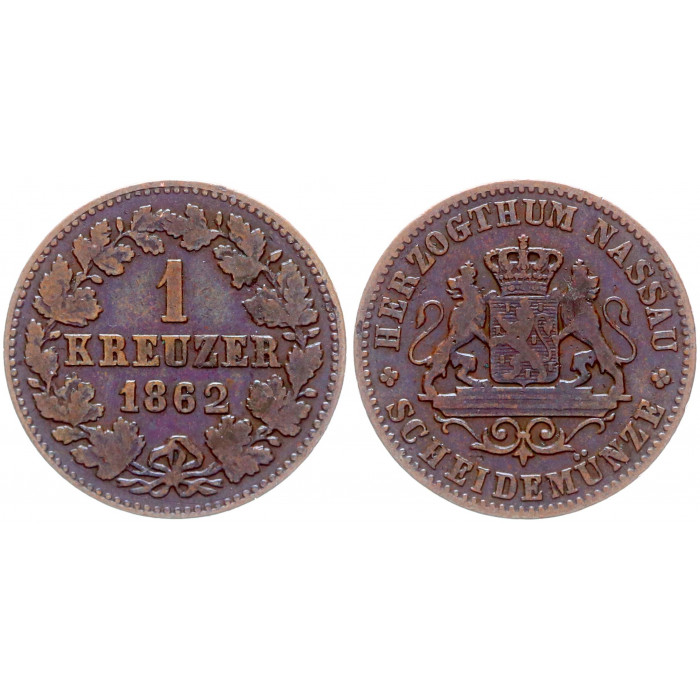 Германия 1 Крейцер 1862 год XF KM# 74 Нассау 3й Герцог Адольф