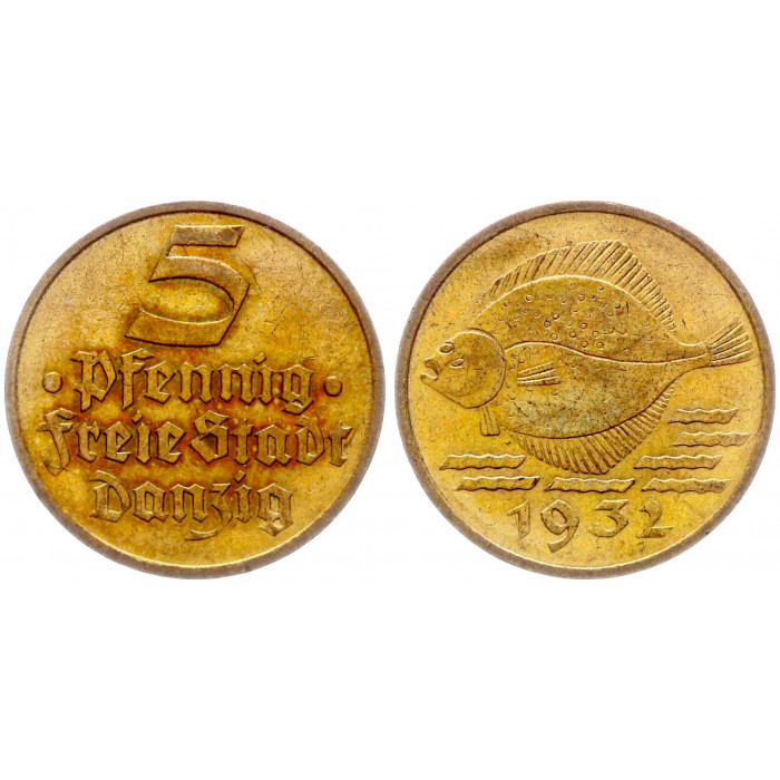 Германия Свободный Город Данциг 5 Пфеннигов 1932 год AUNC KM# 151 Фауна Рыба Камбала 